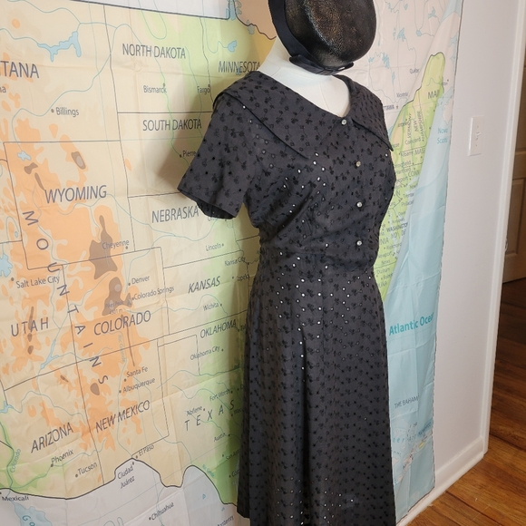 Vintage Black Eyelet Dress With Crystal Buttons. - Picture 6 of 16